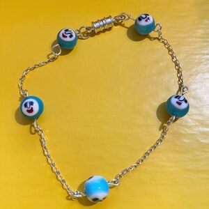 Smiley Bead Ankle Bracelet in Teal and White